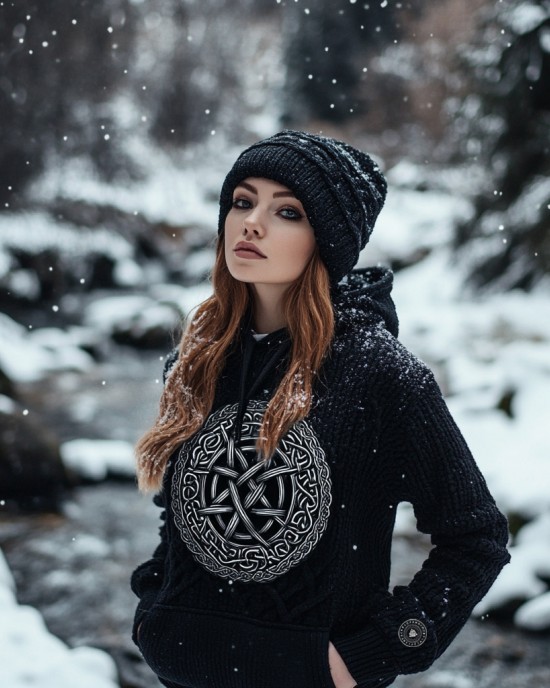 Women's Viking Tribal Jacquard Celtic Inspired Chunky Knit Hooded Sweater