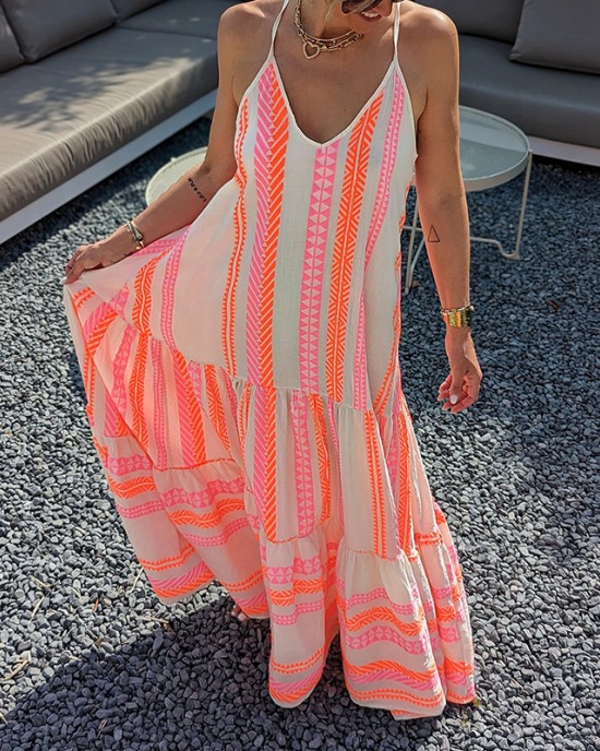Vintage Geometric Color Block Bohemian Patchwork Sleeveless Colorful Dress Vintage Geometric Color Block Bohemian Patchwork Sleeveless Colorful Dress