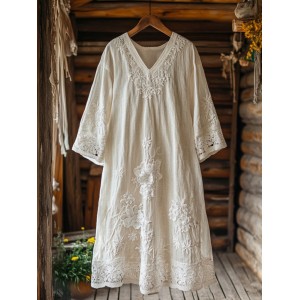 Retro Floral Embroidery Lace Art Linen Blend Maxi Dress