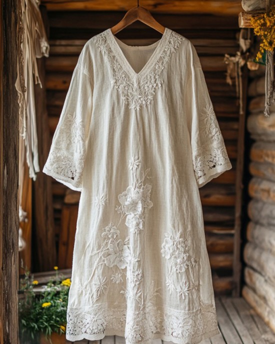Retro Floral Embroidery Lace Art Linen Blend Maxi Dress Retro Floral Embroidery Lace Art Linen Blend Maxi Dress