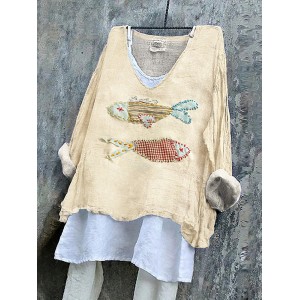 Women's Japanese Style Stitched Fish Art Pattern Vintage Linen Shirt