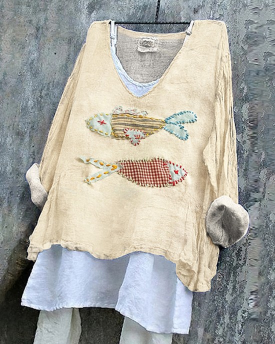 Women's Japanese Style Stitched Fish Art Pattern Vintage Linen Shirt Women's Japanese Style Stitched Fish Art Pattern Vintage Linen Shirt