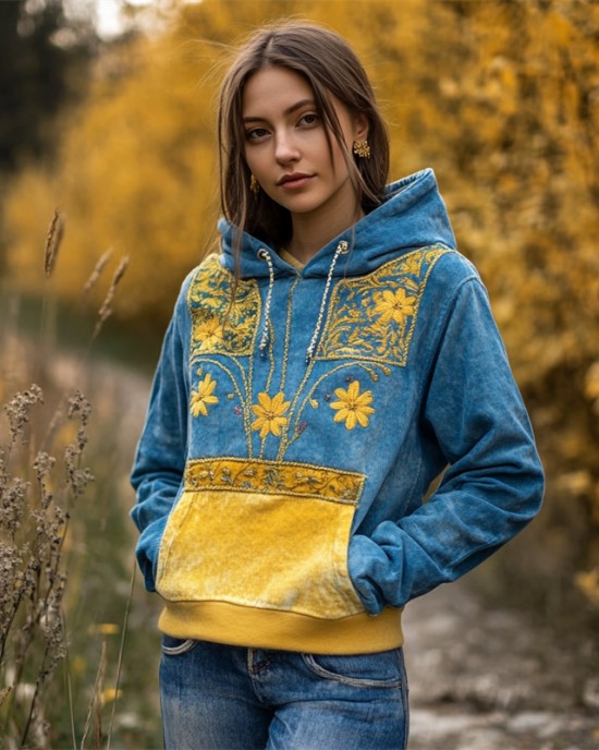Ukraine Ethnic Floral Embroidered Contrast Color Washed Hoodie Ukraine Ethnic Floral Embroidered Contrast Color Washed Hoodie