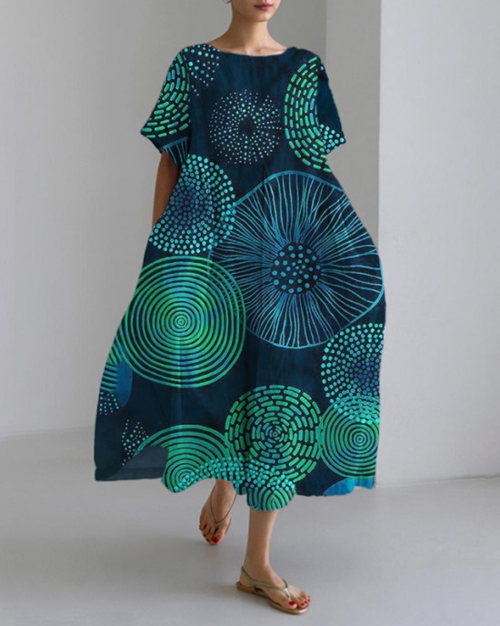 Circle Abstract Art Women's Linen Short Sleeve Maxi Dress Circle Abstract Art Women's Linen Short Sleeve Maxi Dress