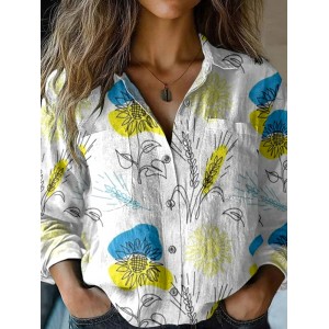 Vintage Hope Peace Forever Ukraine Floral Art Linen Print  Long Sleeve Shirt