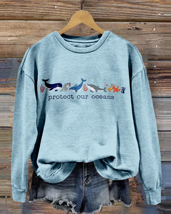 Protect Our Oceans Marine Animals Embroidered Washed Sweatshirt