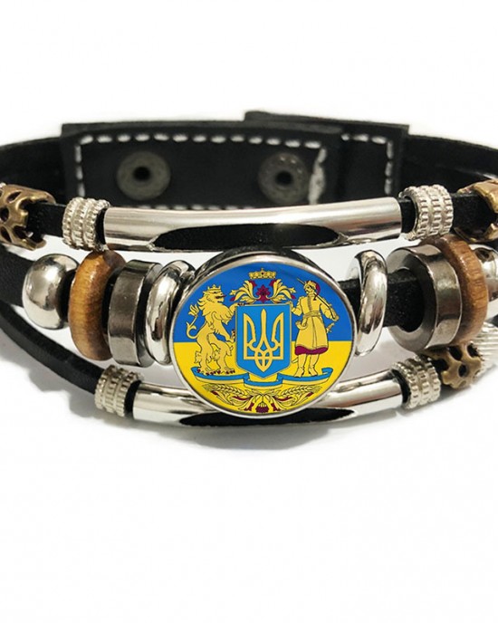 Ukraine Handmade Glass Round Snap Wide Leather Bracelet