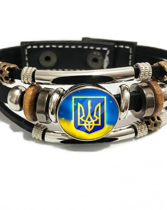 Ukraine Handmade Glass Round Snap Wide Leather Bracelet