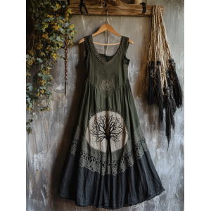 Tribal Celtic Knot Life Of Tree Lace Patchwork Art Linen Tank Dress