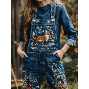 Respect The Locals Fox Floral Embroidered Denim Overalls