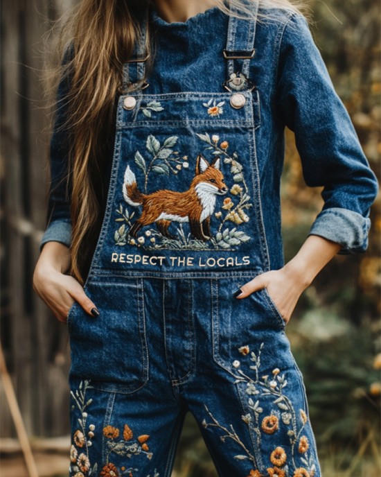 Respect The Locals Fox Floral Embroidered Denim Overalls Respect The Locals Fox Floral Embroidered Denim Overalls