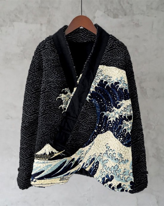 Great Wave Japanese Art Fleece Kimono Cardigan Great Wave Japanese Art Fleece Kimono Cardigan