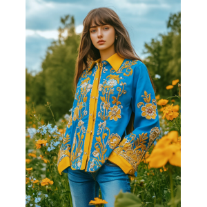 Ukrainian Folk Floral Embroidered Contrast Color Art Print Shirt
