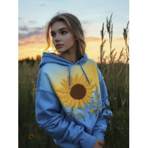 Sunflower Embroidery Yellow And Blue Gradient Women's Hoodie