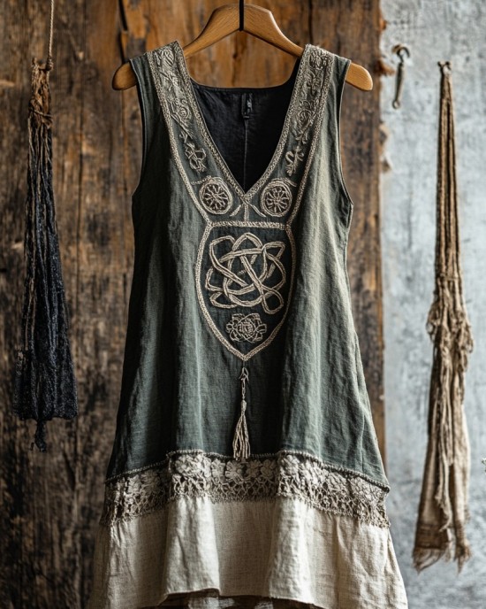 Tribal Celtic Embroidery Patchwork Tassel Art Linen Tank Dress Tribal Celtic Embroidery Patchwork Tassel Art Linen Tank Dress