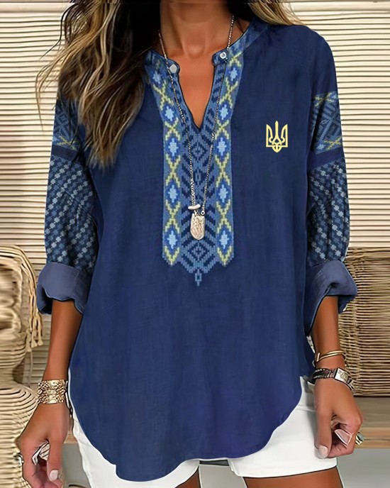 Women's Ukraine Ethnic Art Print V-neck Linen Blend Shirt
