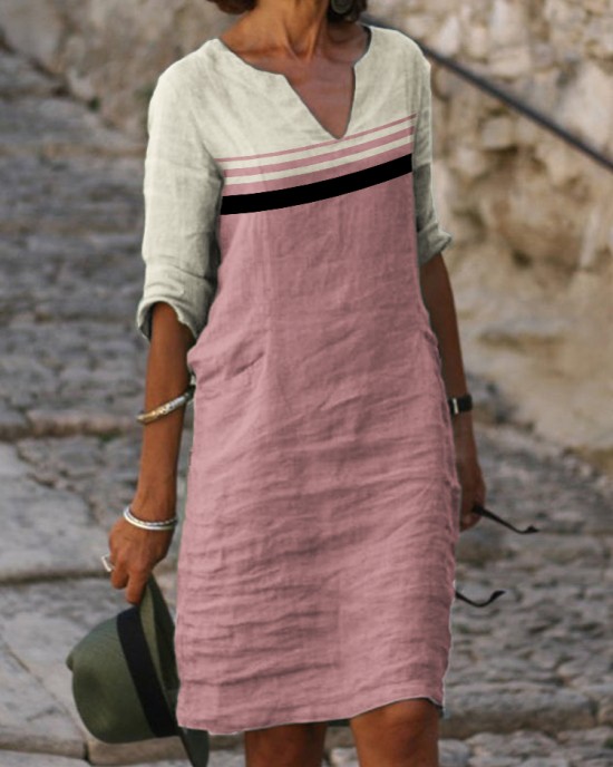 Classy Morandi Colorblock Notch Neck Midi Dress