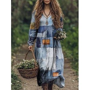 Geometric Denim Patchwork Pattern Women's Flowy Maxi Dress