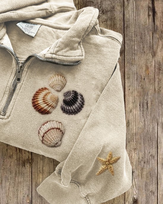 Beach Seashells & Starfish Embroidered Zip Up Sweatshirt Beach Seashells & Starfish Embroidered Zip Up Sweatshirt