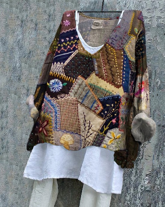 Geometric Stitching Pattern Vintage Women's Linen Shirt Geometric Stitching Pattern Vintage Women's Linen Shirt