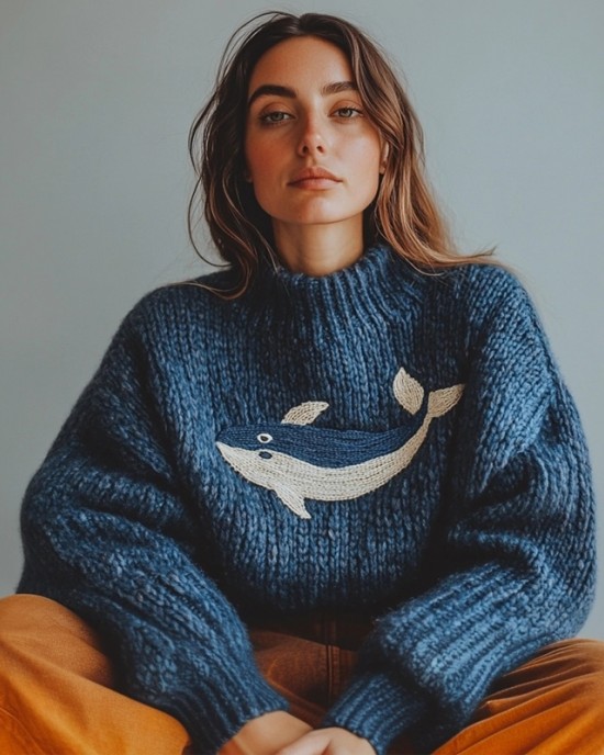Ocean Whale Embroidery Vintage Cozy Knit Sweater Ocean Whale Embroidery Vintage Cozy Knit Sweater