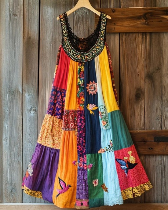 Boho Floral Embroidered Patchwork Linen Blend Dress Boho Floral Embroidered Patchwork Linen Blend Dress