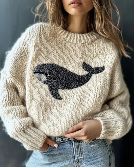 Cute Whale Embroidery Vintage Cozy Knit Sweater Cute Whale Embroidery Vintage Cozy Knit Sweater
