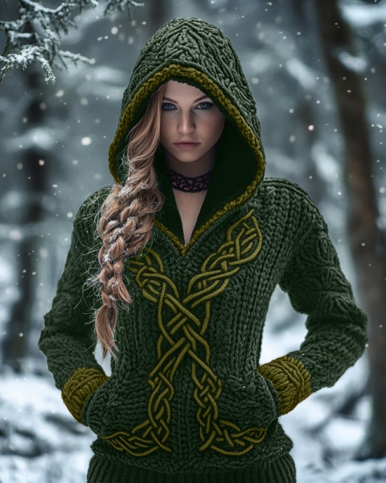 Women's Viking Celtic Knot Jacquard Knit Hooded Sweater