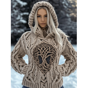 Women's Viking Tribal Tree Of Life Celtic Chunky Knit Hooded Sweater