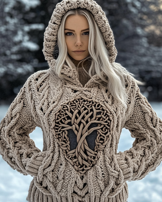 Women's Viking Tribal Tree Of Life Celtic Chunky Knit Hooded Sweater Women's Viking Tribal Tree Of Life Celtic Chunky Knit Hooded Sweater
