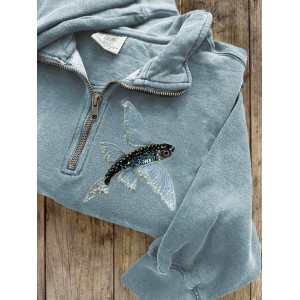 Classy Fish Sequins Embroidered Zip Up Sweatshirt