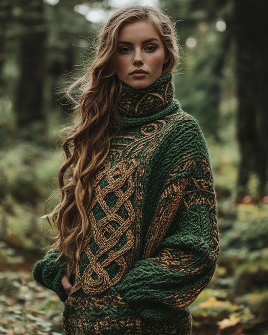 Classic Celtic Knot Jacquard Contrast Color Turtleneck Sweater