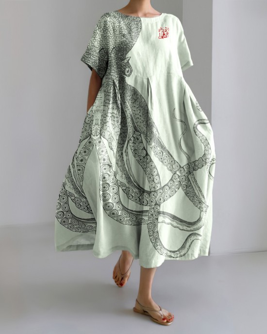 Japanese Art Octopus And Crab Print Casual Art Linen Blend Maxi Dress Japanese Art Octopus And Crab Print Casual Art Linen Blend Maxi Dress