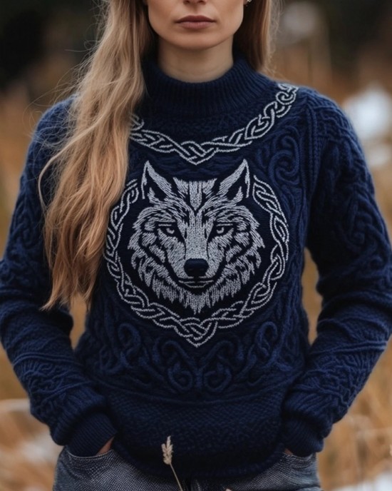 Viking Wolf Inspired Celtic Jacquard Cozy Chunky Sweater Viking Wolf Inspired Celtic Jacquard Cozy Chunky Sweater