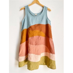 Sunny Earthy Landscape Colorblock Patchwork Linen Tank Dress