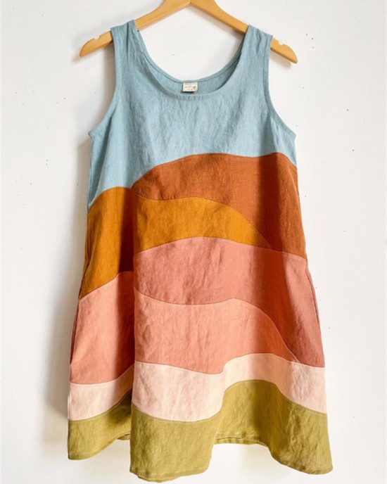 Sunny Earthy Landscape Colorblock Patchwork Linen Tank Dress