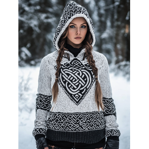 Women's Viking Knit Jacquard Warm Hooded Sweater