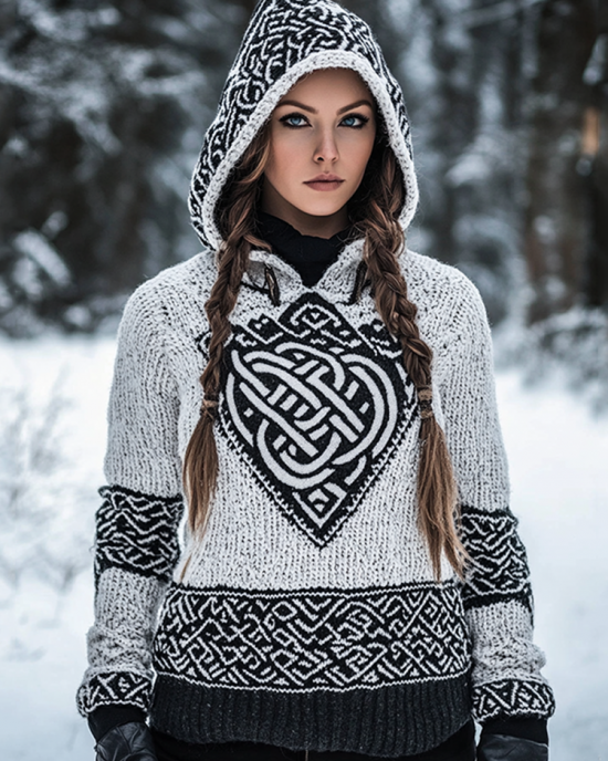 Women's Viking Knit Jacquard Warm Hooded Sweater