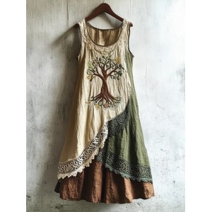 Vintage Viking Tree Of Life Embroidered Flowy Linen Dress