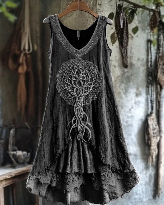 Tribal Tree Of Life Lace Patchwork Art Linen Tank Dress