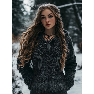 Women's Viking Bird Graphic Chunky Knit Celtic Knot Vintage Pocket Hooded Sweater