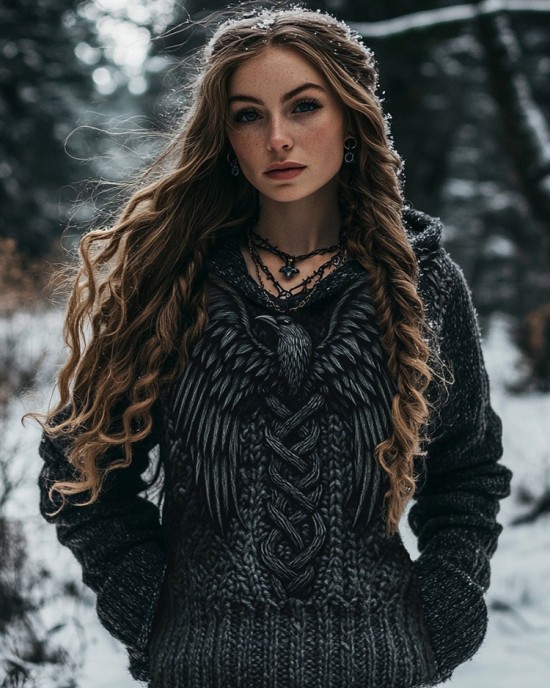 Women's Viking Bird Graphic Chunky Knit Celtic Knot Vintage Pocket Hooded Sweater Women's Viking Bird Graphic Chunky Knit Celtic Knot Vintage Pocket Hooded Sweater