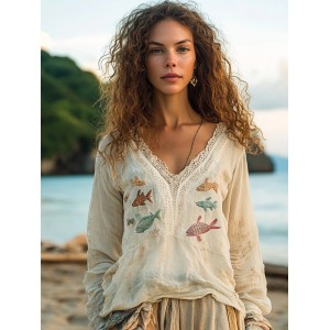Shoal Of Fish Embroidery Print Linen Blend Loose Blouse