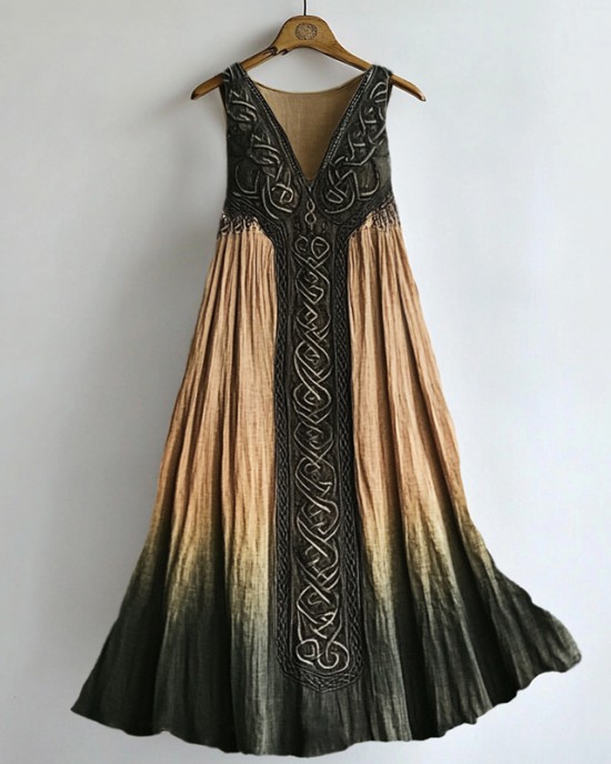 Vintage Celtic Contrast Forest Gradient Flowy Linen Dress Vintage Celtic Contrast Forest Gradient Flowy Linen Dress