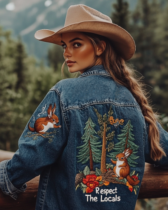 Respect The Locals Squirrel Pattern Women's Denim Jacket Respect The Locals Squirrel Pattern Women's Denim Jacket