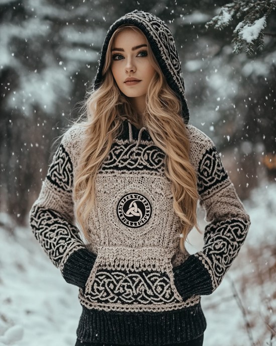 Women's Viking Totem Celtic Knot Vintage Pocket Hooded Sweater