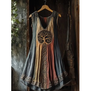 Tribal Viking Colorful Gradient Tree Of Life Lace Art Linen Tank Dress