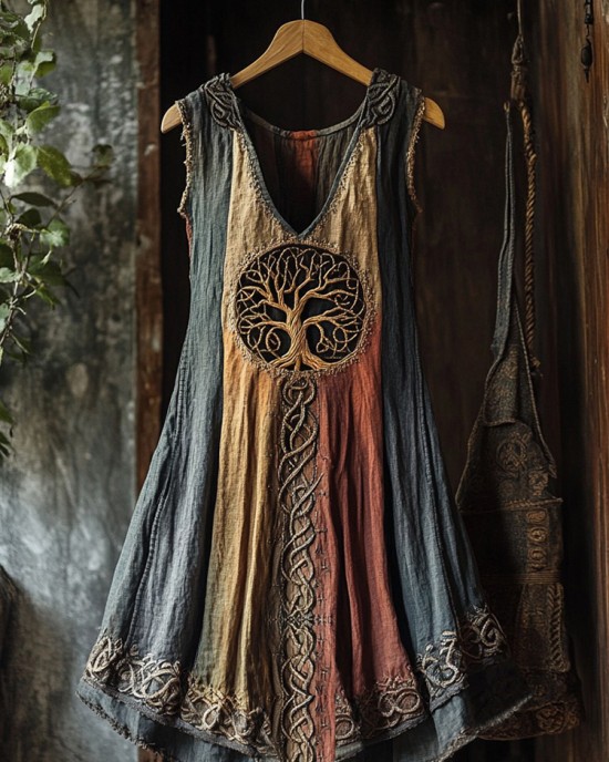 Tribal Viking Colorful Gradient Tree Of Life Lace Art Linen Tank Dress