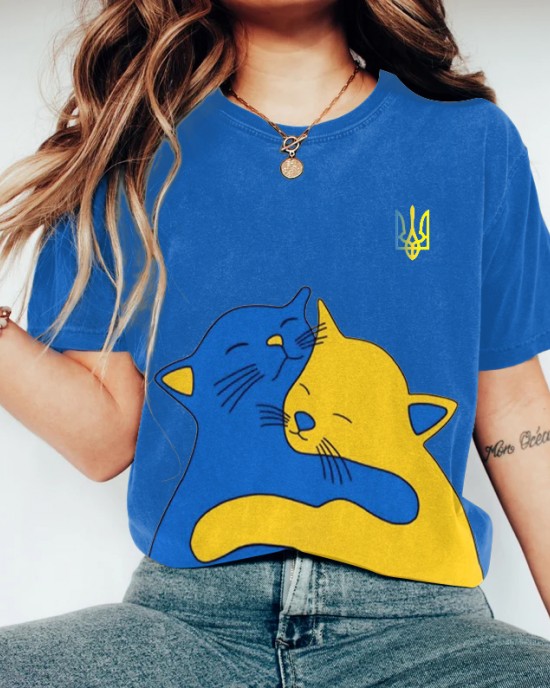 Hug Of Love Abstract Cat Graphics Ukraine Inspired Printed T-shirt Hug Of Love Abstract Cat Graphics Ukraine Inspired Printed T-shirt