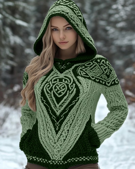 Women's Viking Wolf Style Celtic Thick Hooded Sweater